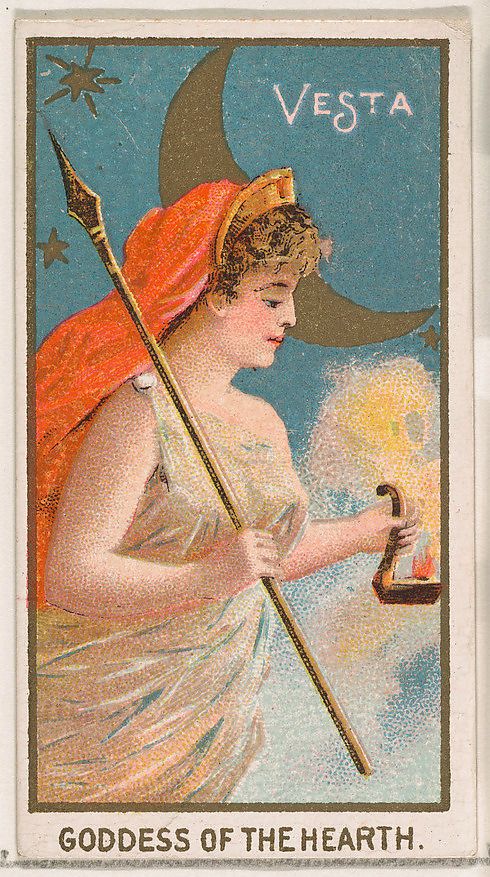 a card with an image of a woman holding a spear and the words, goddess of the hearth