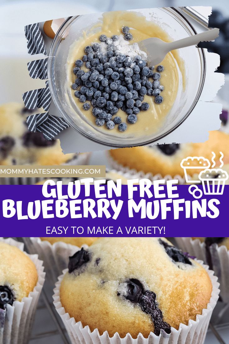 blueberry muffins with glaze in the middle and text overlay reading gluten free blueberry muffins easy to make a variety