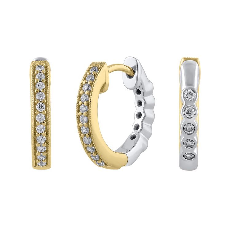 These versatile huggie hoop earrings are the ideal accessory for any outfit. These earrings showcase sparkling prong-set round diamonds set in timeless 10k yellow gold on one side and bezel-set diamonds set in sleek 10k white gold on the other. The diamonds are 1/4ctw, I in color, and I2 in clarity. These earrings measure 13.2mm in length, 15mm in width, and 2.3mm in thickness. Fine Jewelry Huggie Earrings With Bezel Setting, Gold Diamond Huggie Earrings With Bezel Setting, Yellow Gold Diamond Huggie Earrings With Bezel Setting, Classic Huggie Earrings With Diamond Accents, Classic Bezel Setting Huggie Earrings, Fine Jewelry Hoop Earrings With Bezel Setting For Anniversary, Diamond Bezel Huggie Earrings, Diamond Huggie Earrings With Bezel Setting For Anniversary, Diamond Hoop Earrings With Bezel Setting For Anniversary