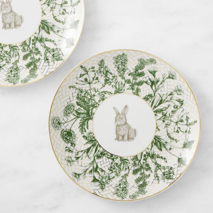 two green and white plates with an image of a rabbit in the center on them