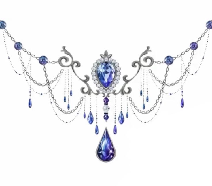 an elaborate necklace with blue beads and crystals on it's sides, hanging from a chain