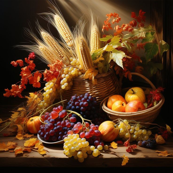 a painting of fall fruits and vegetables in a basket