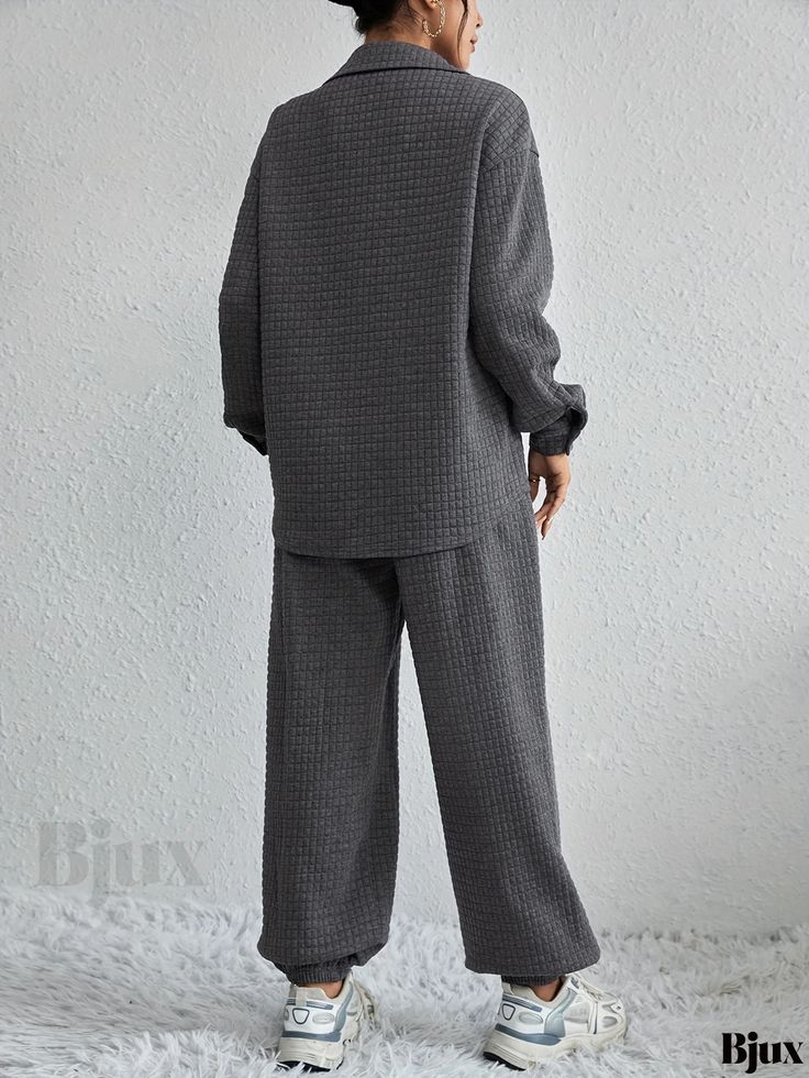 Bjux - Contemporary Two-piece Waffle Set: Sophisticated Button-Front Long Sleeve Shirt and Comfortable Elastic Waist Jogger Pants Ensemble - Womens Fashion Solid Color Pants With Buttons For Loungewear, Loungewear Pants With Buttons, Button-up Sets For Daywear With Buttons, Solid Color Sets With Button Closure For Loungewear, Button-up Sets For Daywear, Fall Loungewear Button-up Sets, Fall Loungewear Sets With Button-up, Fall Care, Jogger Pants