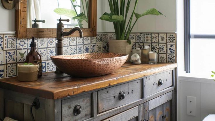 a bathroom with a sink, mirror and potted plant on the counter top in front of it