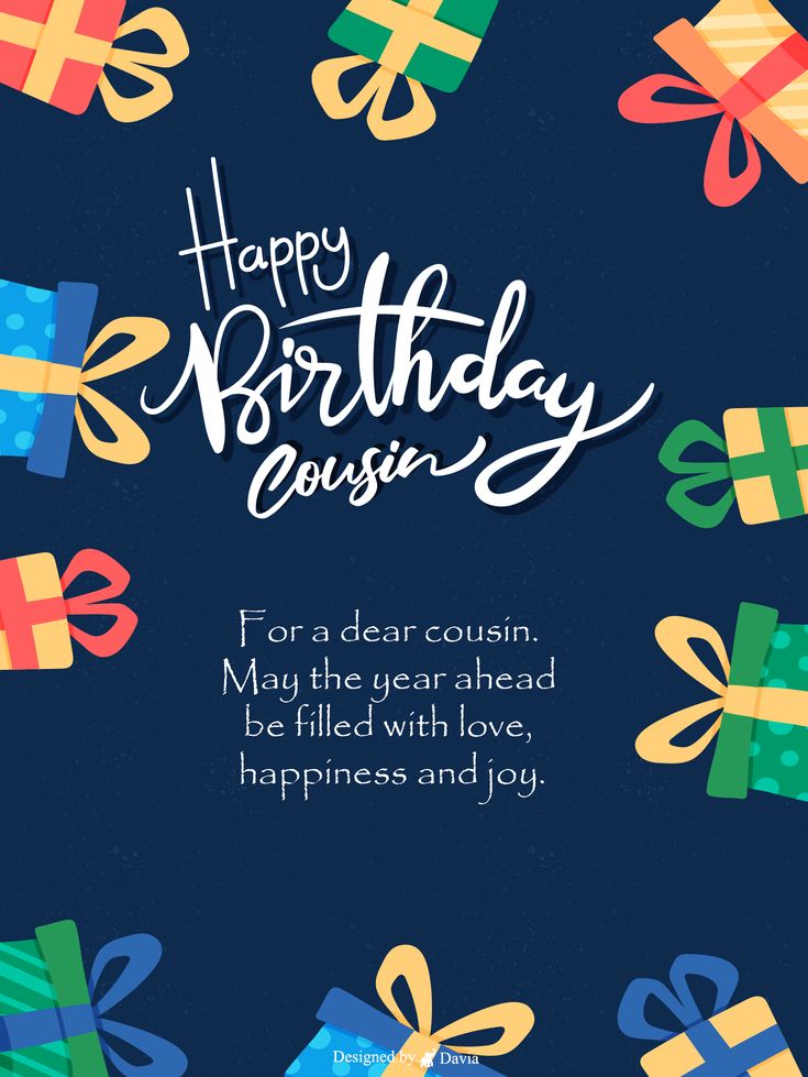 a birthday card with presents on it and the words happy birthday cousin written in white