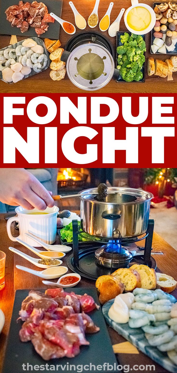 a table full of food with the words fondue night on top and below it