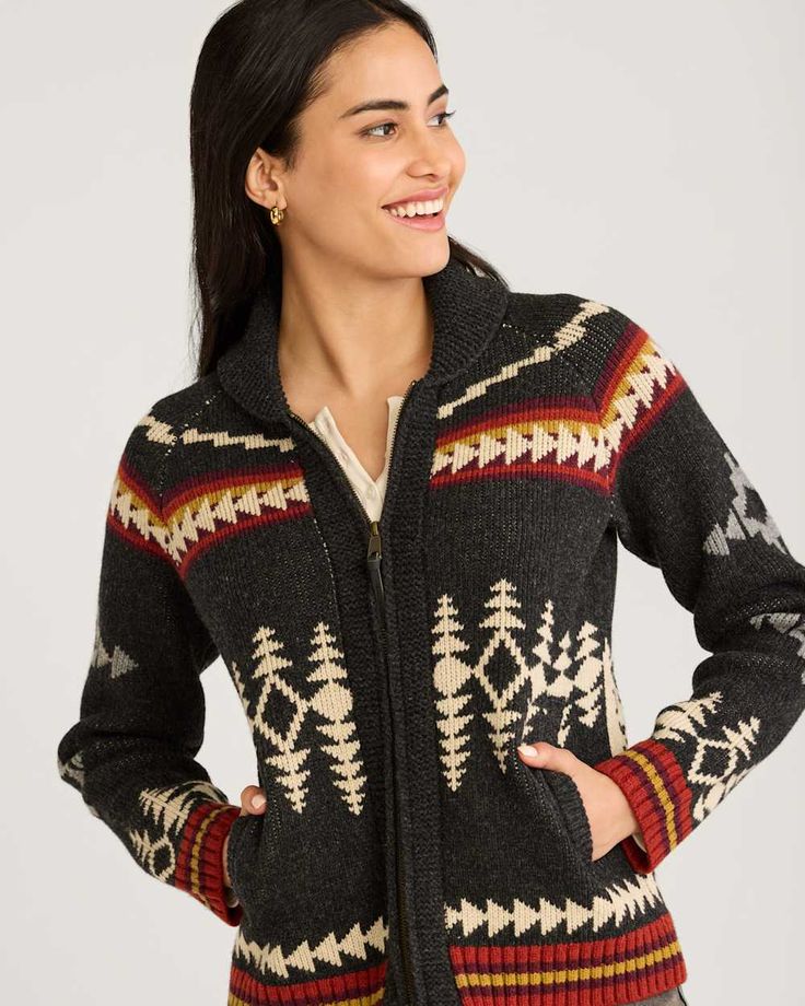 Made from 100% lambswool, this zip cardigan features Pendleton motifs on front and sleeves, with an alpine landscape on back. Classic fit, with a shawl collar, raglan sleeves and side welt pockets. 100% lambswool. Imported. | WOMEN'S ALPINE LAMBSWOOL ZIP CARDIGAN Cozy Wool Outerwear With Jacquard Knit, Cozy Wool Jacquard Knit Outerwear, Fall Outdoor Merino Wool Outerwear, Fall Outdoor Wool Cardigan, Cozy Fall Outdoor Cardigan, Cold Weather Wool Outerwear With Jacquard Knit, Fair Isle Merino Wool Outerwear For Fall, Fair Isle Sweater For Fall Outdoor, Outdoor Fair Isle Sweater For Fall