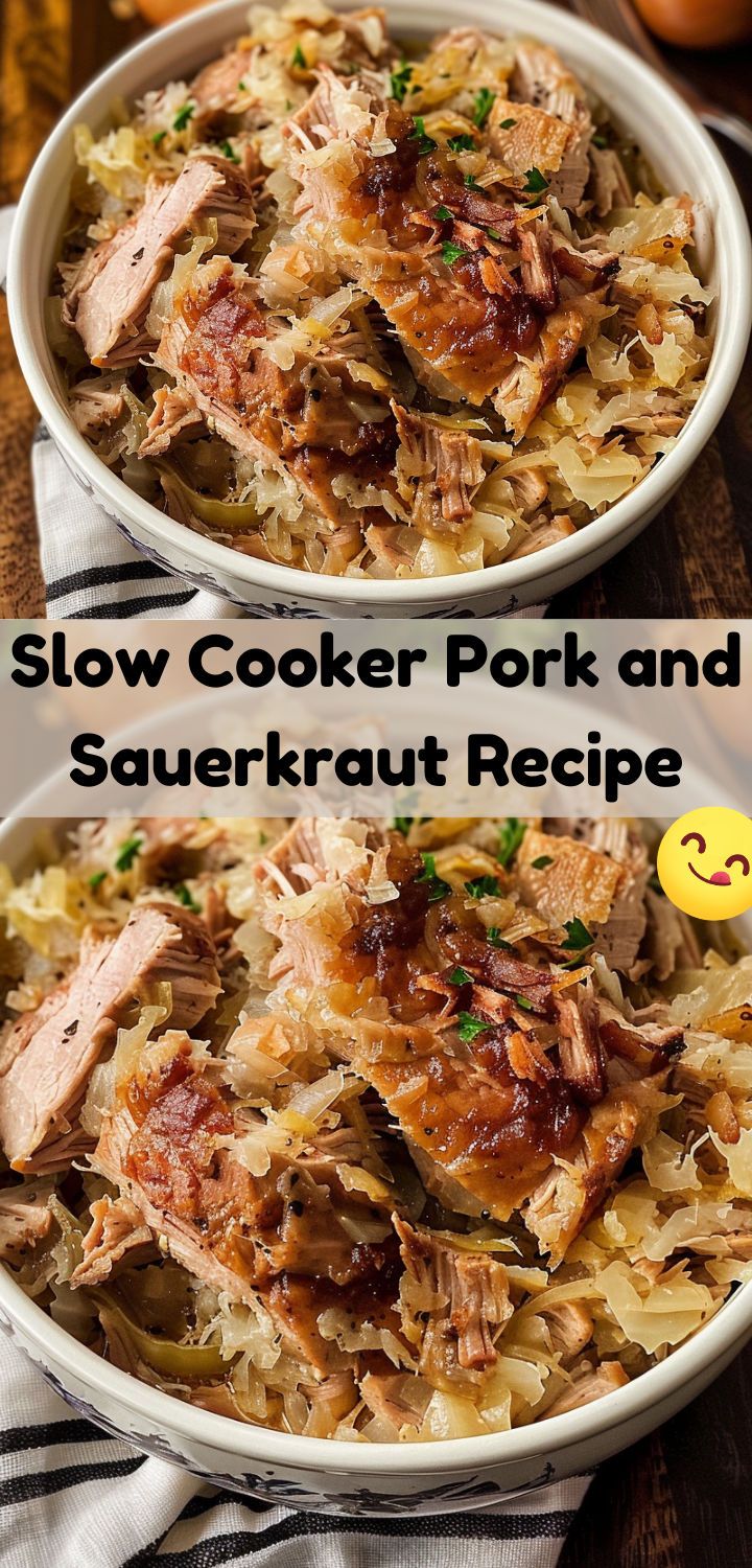 slow cooker pork and sauerkraut recipe in two white bowls on a wooden table