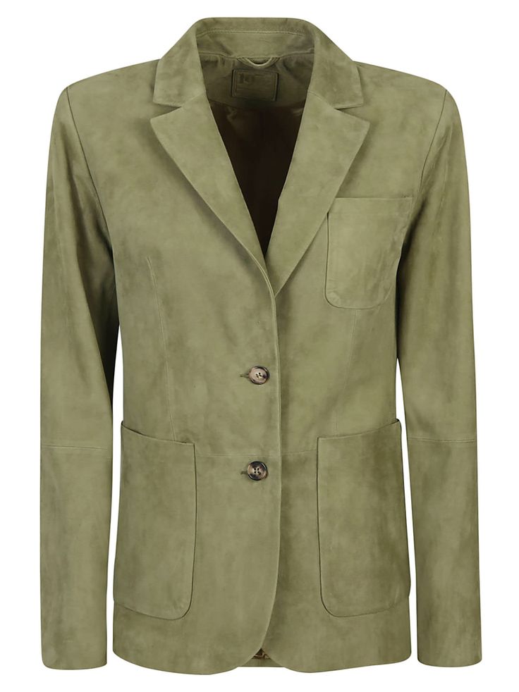 Single-breasted suede blazer Collar with lapels Button closure Two side patch pockets and chest pocket Colour: green Composition: 100% suede; 100% acetate lining Suede Leather Jacket With Lapel Collar For Work, Classic Suede Blazer For Formal Occasions, Classic Suede Blazer For Workwear, Business Suede Leather Jacket With Button Closure, Business Suede Single Breasted Leather Jacket, Business Suede Single-breasted Leather Jacket, Business Single Breasted Suede Leather Jacket, Business Single-breasted Suede Leather Jacket, Suede Blazer With Pockets For Workwear