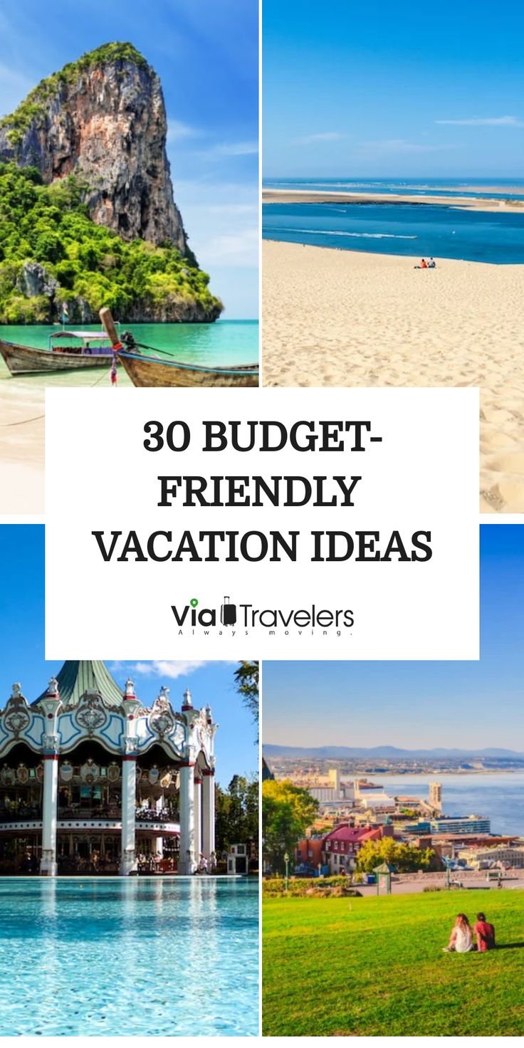 30 budget-friendly vacation ideas illustrated with scenic travel photos including beaches, mountains, and cityscapes. Budget Vacation Families, Family Vacation Usa, International Family Vacation Ideas, Family Trip Ideas Destinations, Vacation Spots For Families, Family Reunion Destinations, Us Family Vacation Ideas, Summer Family Vacation Destinations, Affordable Family Vacation Destinations