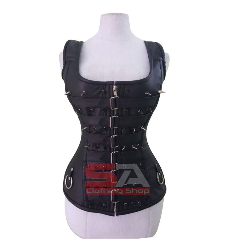 Vollbrust-Lederkorsett, Dessous-Korsett, Damen-Lederkorsett, schwarzes Ledergeschirr Piratenkorsett viktorianisches Spiked-Korsett "Corset Detail" Outer shell:  Real Leather Inner Shell: 100% Cotton Twill Underwired: 100% steel bones Closure: Front Laced, Zipper Back Corset Front Length: 15.5" Corset Side Length: 14.5" Corset Back Length: 14" 5" Modesty Panel at the back Corset features Heavy Duty, Very Strong Fully Steel Boned Corset For Perfect Hourglass Figure and will Reduce Waist up to 5 in Black Underbust Corset Belt With Boning, Gothic Black Corset Belt With Boning, Black Gothic Corset Belt With Boning, Black Corset With Corset Back For Cosplay, Black Punk Overbust Corset, Black Punk Corset With Boned Bodice, Steampunk Black Corset With Boned Bodice, Gothic Corset With Boning For Cosplay, Black Boned Bodice Corset For Cosplay