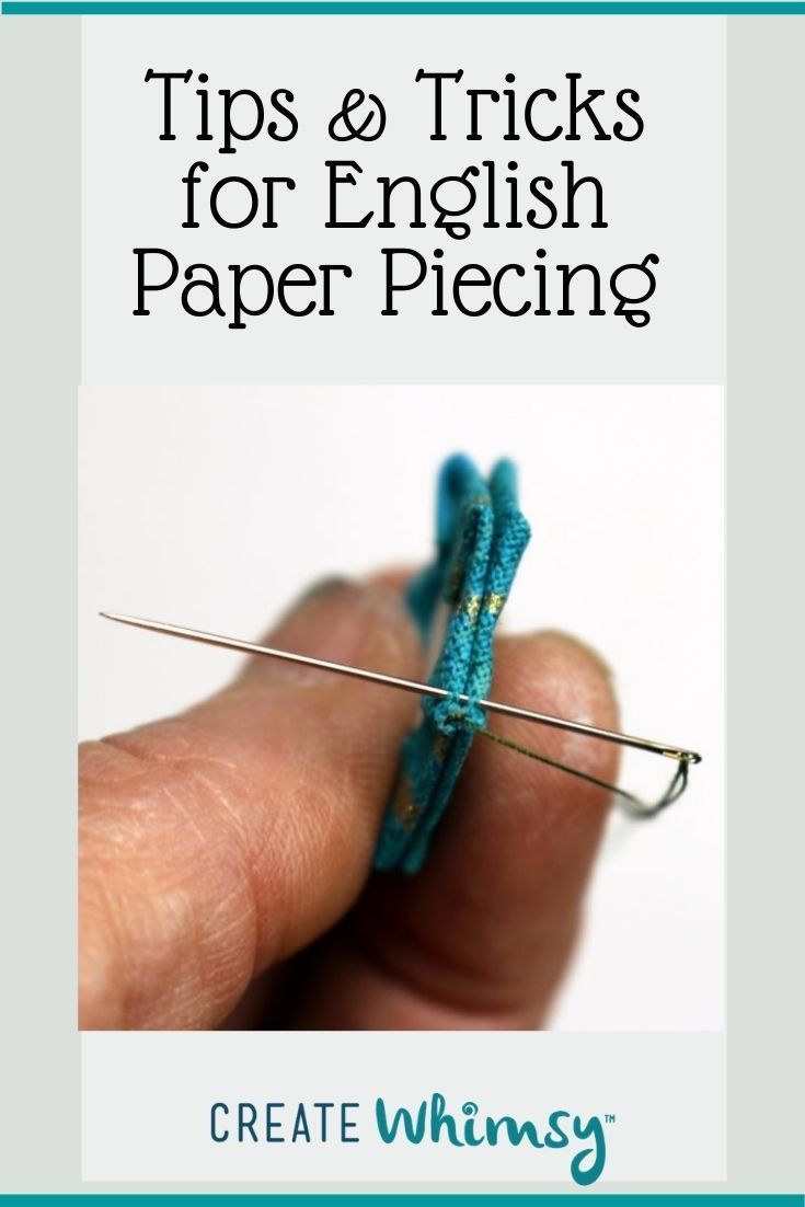 a hand holding a pair of knitting needles with the title tips & tricks for english paper piecing