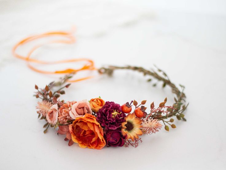 This beautiful flower crown is a lovely accessory, perfect for a party, or wedding.  Our stunning faux flowers look like the real. Head circumference:  one size fits all (adjustable) / fits adults and older children If the crown should fit the baby, after buying please give head circumference Autumn Wedding Uk, Fall Flower Girl, Fall Flower Crown, Flower Girl Halo, Girls Halo, Garland Flower, Wedding Autumn, Autumn Hair, Magical Accessories