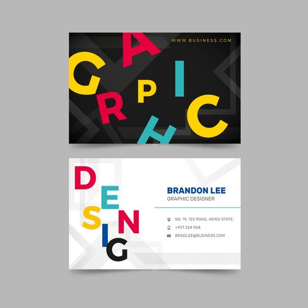 two business cards with colorful letters on them