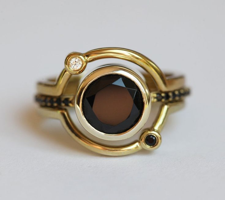 Saturn Ring, Planet Ring, Black Spinel Ring, Celestial Ring, Spinel Ring, Agate Engagement Ring, Moss Agate Ring, Black Quartz, London Blue Topaz Ring