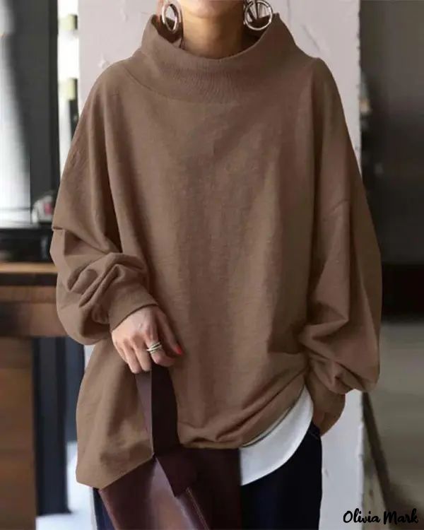 Color: coffee, Size: 2XL Oversized Brown T-shirt For Fall, Oversized Plain T-shirt For Fall, Oversized Brown Long Sleeve Top, Casual Plain T-shirt For Winter, Casual Solid Color Turtleneck Sweatshirt, Casual Plain Turtleneck Top, Casual Solid Turtleneck Sweatshirt, Oversized Plain Top For Winter, Oversized Solid Color T-shirt For Fall