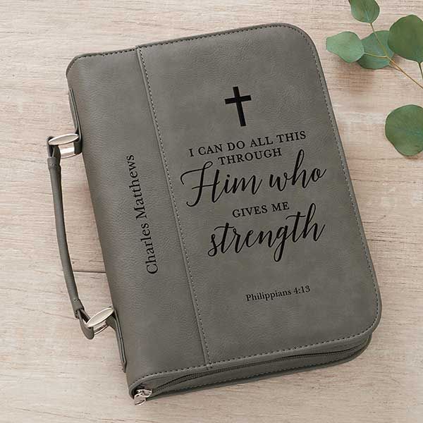 a gray bible cover with the words i can do all things through him who gives me strength