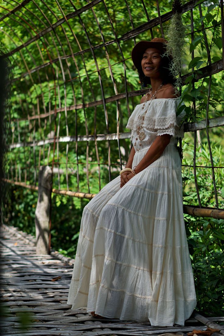 "Off Shoulder Maxi Dress, Bohemian Maxi Dress, Maxi Dress, Spring Maxi Dress Very flattering cotton off shoulder dress with lace detail. A great outdoor wedding dress. Sizing: Made in one size to fit S to XL / US: 4/6/8/10/12/14 Measurement; Chest up to 44\" Pit to pit laying flat 23\" across Top elastic 31-60 around. Waist elastic 24-44\" Hip free Length 54\" hem circumference 454 cm around. **The design best fit a person who is 170 cm or more** (if you need alteration, please contact us) **Mod Flowy Bohemian Floor-length Gown, Bohemian Flowy Floor-length Gown, Flowy Bohemian Gown, Off White Lace Maxi Dress For Beach, Summer Bohemian Floor-length Gown, White Lace Trim Maxi Dress For Festivals, Bohemian Floor-length Festival Gown, Elegant White Floor-length Boho Dress, Bohemian Cream Lace Maxi Dress