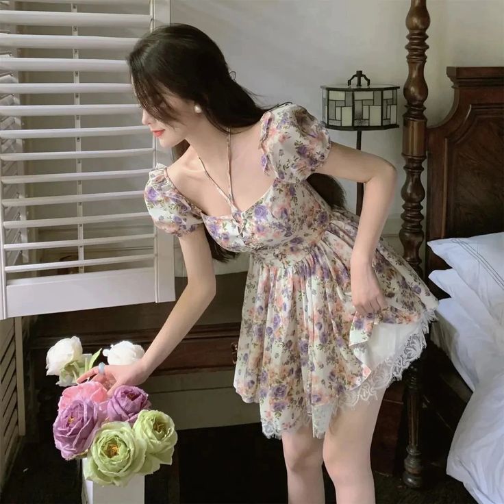 Sexy Florals Pattern Chiffon Bodycon Dress – Tomscloth Kawaii Summer, Fairycore Dress, Dress Puff Sleeve, Cottagecore Dress, Custom Made Clothing, Vintage Floral Dress, Womens Floral Dress, Puff Sleeve Dresses, Fairy Dress