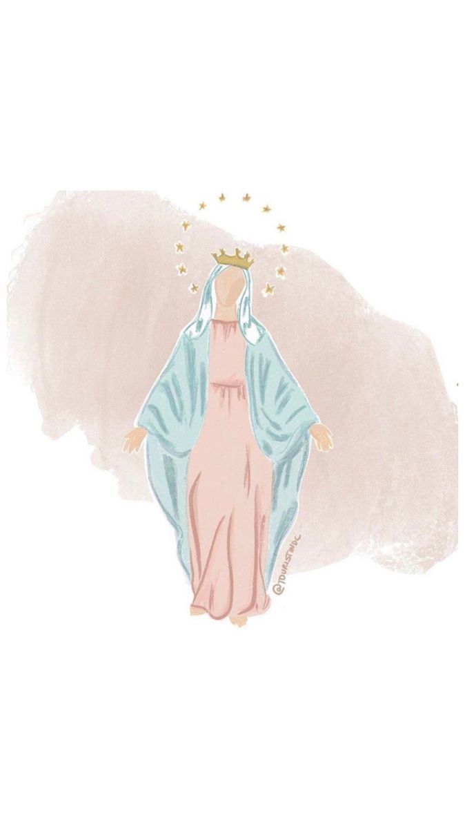 an image of the virgin mary in pink and blue with stars above her head, on a white background