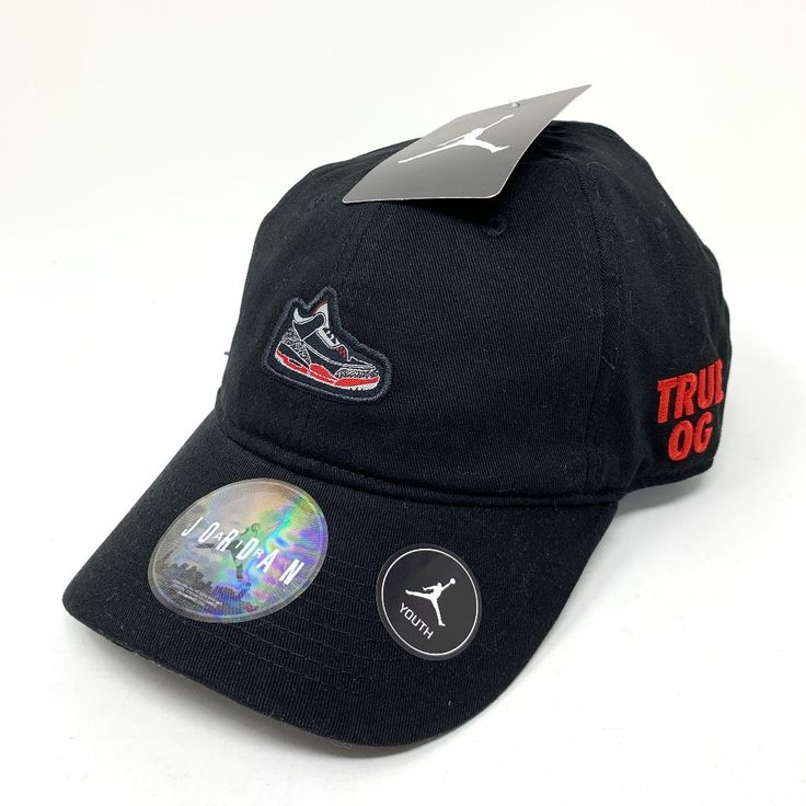 Nike Jordan 3 "True Og" Sneaker Adjustable Strapback Hat - Youth Boys Size Adjustable. Hat Is Brand New With Tags. Authentic Nike Item Will Be Packed Securely & Shipped Quickly. Please Let Me Know If You Have Any Questions! Durable Twill Fabric Provides Long-Lasting Wear. Covered Eyelets Offer Breathability. Adjustable Back Strap With Slide Closure Provides A Custom Fit. Black Cotton Trucker Hat For Outdoor Activities, Black Snapback Dad Hat With Logo Patch, Adjustable Dad Hat Baseball Cap For Streetwear, Adjustable Fit Dad Hat Baseball Cap For Streetwear, Black Embroidered Logo Fitted Hat For Outdoor, Black Fitted Hat With Embroidered Logo For Outdoor, Sporty Adjustable Snapback Hat For Streetwear, Black Training Cap, Black Sporty Snapback Hat With Curved Visor