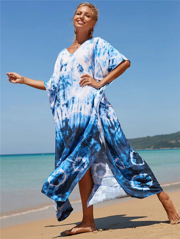 Looking for a summer dress that you can rock on the beach? Look no further than our Seaside Tie Dye Rayon Dress! Made from a soft and lightweight fabric, this dress is perfect for a day out with the girls or a day by the water. The tie-dye design and loose fit make it a must-have for any adventure seeker. Specifications Style: Bohemian Sleeve Style: Batwing Sleeve Neckline: V-Neck Material: Rayon Dresses Length: Floor-Length Size Chart In CM Size Bust Shoulder Length One Size 150 87 141 In Inche Overalls 90s, Overalls Plus Size, Adventure Seeker, Instagram Dress, Batik Design, Rayon Dress, Hippie Dresses, Tie Dye Designs, Rock On