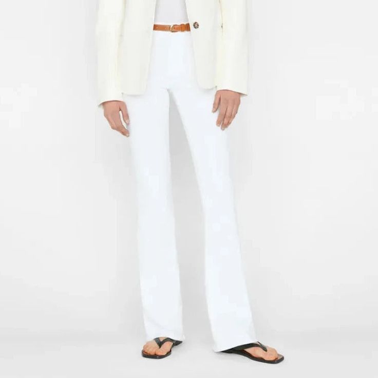 Le High Flare Pants in Blanc White from FRAME. Modern Fitted Flares With Wide Leg, Modern Fitted Wide Leg Flares, Modern Fitted Straight Leg Flares, Modern Fitted Flare Bottoms, Chic High-waisted Flares For Summer, Spring Fitted Flare Jeans, Chic White Fitted Flares, Chic Fitted White Flares, White Flare Fitted Jeans