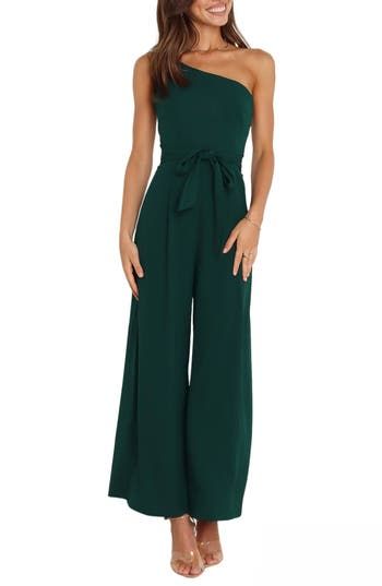 Elevate your special-occasion style with this asymmetric jumpsuit featuring a tie belt and a flowy, wide-leg silhouette. Hidden back-zip closure Asymmetric neck Adjustable strap Removable tie belt Partially lined 95% polyester, 5% spandex Hand wash, dry flat Imported