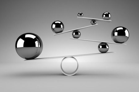 an image of a balance scale with balls and bars in the middle on grey background