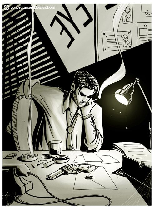 a black and white drawing of a man sitting at a desk in front of a lamp