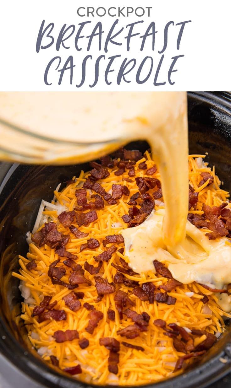 crockpot breakfast casserole with bacon and cheese being poured into the slow cooker