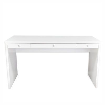 a white desk with two drawers on the top and one drawer at the bottom, against a white background