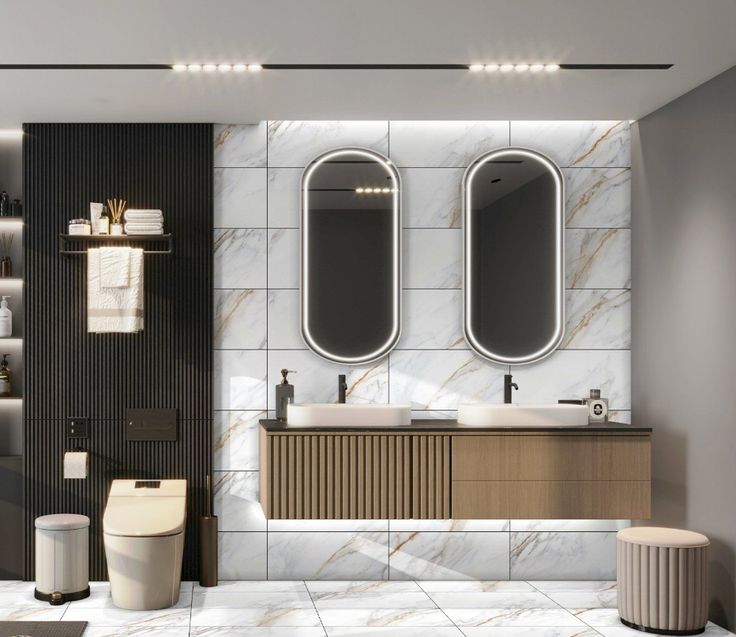 a modern bathroom with two sinks and mirrors on the wall, along with toiletries