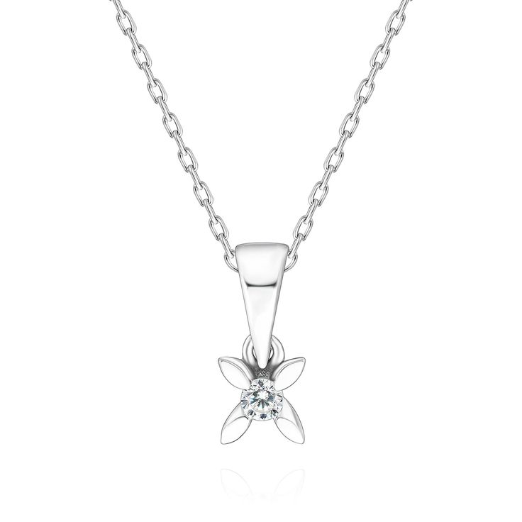 This Dainty necklace features a 0.04-carat solitaire diamond, beautifully showcased in a simple yet elegant setting.  Sophistication to any outfit, this necklace epitomizes timeless elegance and refined luxury. White Sterling Silver Diamond Necklace With Single Diamond, White Diamond Necklace With Single Diamond In Sterling Silver, White Single Diamond Necklace In Sterling Silver, Delicate White Diamond Necklace Brilliant Cut, Delicate White Diamond Necklace With Brilliant Cut, Delicate White Brilliant Cut Diamond Necklace, White Gold Diamond Flower Pendant Solitaire Necklace, White Gold Diamond Solitaire Flower Pendant Necklace, White Diamond Necklace For Anniversary