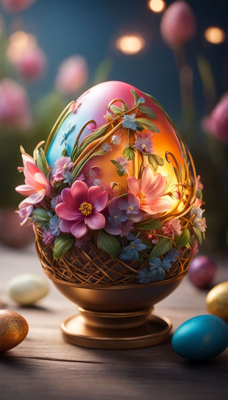 an easter egg decorated with flowers and leaves on a wooden table next to colored eggs