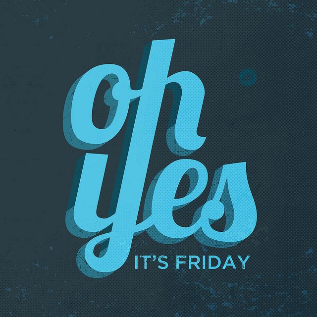 the words oh yes it's friday written in blue on a black background,