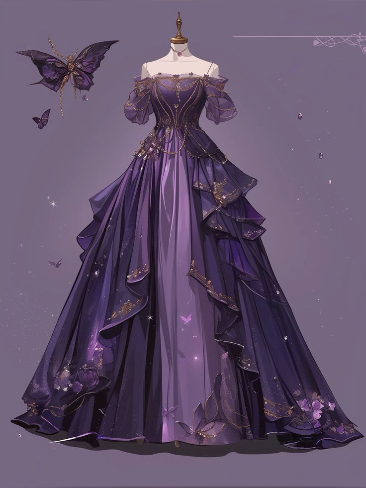 Purple Gown Design, Fairytale Dress Purple, Purple Ball Gown Princesses, Purple Gown For Debut, Mascarade Ball Dresses, Purple Fantasy Dress, Fantasy Dress Art, Purple Ballgown, Dreamy Gowns