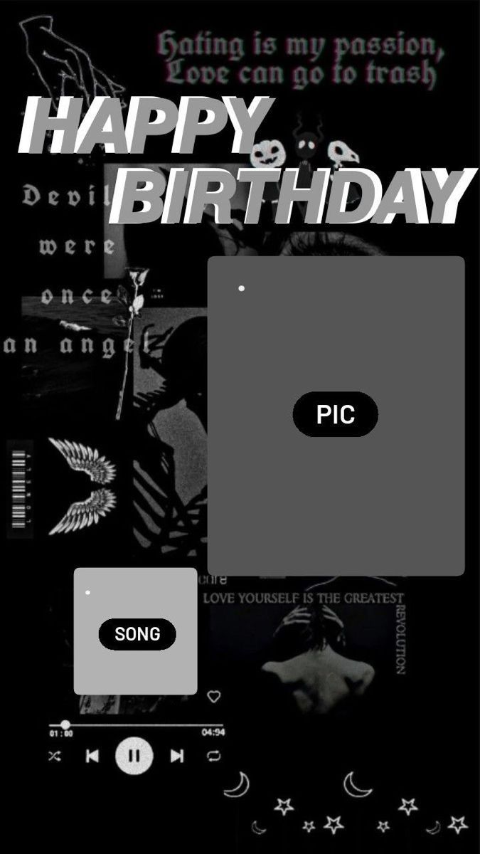 a black and white photo with the words happy birthday on it's screen, surrounded by other images