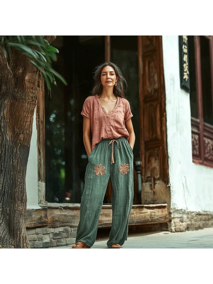 Women's Elegant Bottoms, Women's Linen Bohemian Wide-leg Trousers Casual Boho Print Bottoms For Beach, Casual Boho Print Pants For Vacation, Bohemian Ankle-length Wide Leg Pants For Vacation, Bohemian Ankle-length Harem Pants For Summer, Casual Boho Print Harem Pants For Vacation, Bohemian Harem Pants For Spring Vacation, Casual Boho Print Pants, Casual Boho Print Harem Pants For Summer, Bohemian Wide Leg Pants For Spring Vacation