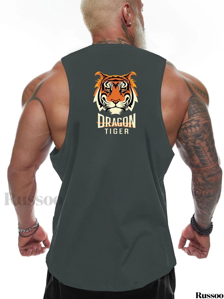 Russoo - Mens Plus Size Tiger Print Tank Top: Fashionable Sleeveless Tee for Summer Fitness, Sportswear Apparel Stretch Sleeveless Activewear With Letter Print, Black Sleeveless Activewear With Graphic Print, Black Sleeveless Activewear With Letter Print, Sleeveless Graphic Gym Tops, Black Sleeveless Graphic Print Activewear, Casual Racerback T-shirt For Sports, Sleeveless Letter Print Activewear For Sports Events, Sleeveless Letter Print Sportswear, Sleeveless Stretch Activewear With Graphic Print