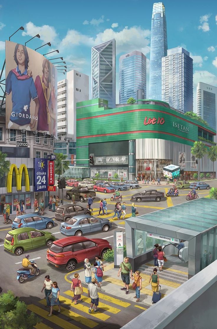 an artist's rendering of a busy city with cars and people crossing the street