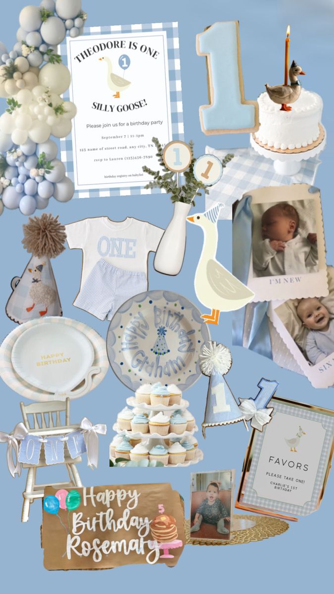 a collage of baby's first birthday items