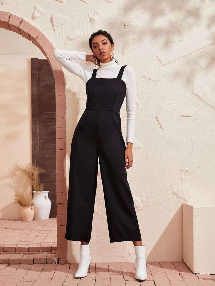 Wide Leg Pants Jumpsuit, Jumpsuit Layered Outfit, Wide Legged Jumpsuit Outfit, Jumpsuit And Turtleneck Outfit, Layered Jumpsuit Outfit Winter, Jumpsuits In Winter, Cute Black Jumpsuit Outfit, Cropped Jumpsuit Outfits, Styling One Piece Jumpsuit