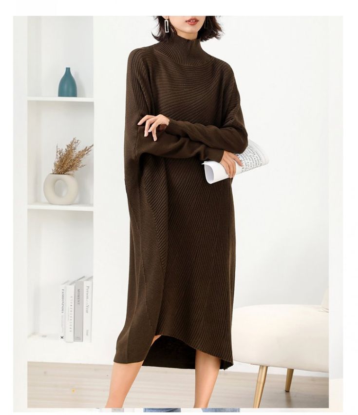 Brand Name: WoloongElasticity: Medium StrecthSleeve Style: Batwing SleeveFabric Type: KnittingPattern Type: SolidFit Type: LOOSESilhouette: AsymmetricalNeckline: Half high collarDecoration: NONEStyle: BohemianDresses Length: Mid-CalfMaterial: WoolMaterial: AcetateMaterial: AcrylicAge: Ages 35-45 Years OldOrigin: Mainland ChinaCN: ZhejiangGender: WOMEN Harajuku Grunge, Woolen Dress, Black Overcoat, Office Shoes Women, Woolen Dresses, Parka Women, Summer Goth, Korean Casual, Sweater Vest Women