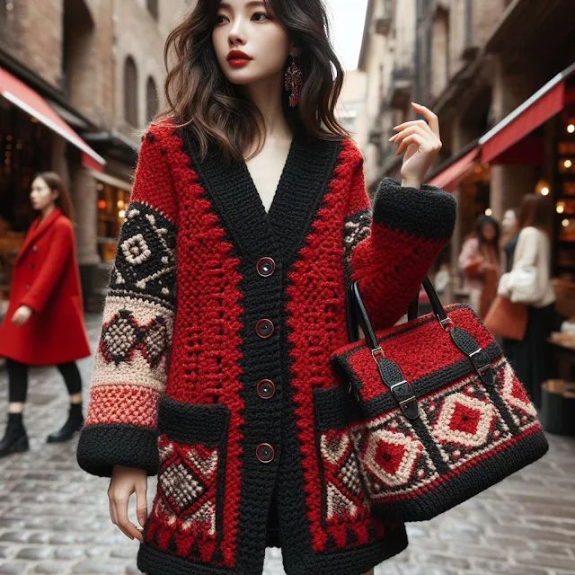 a woman wearing a red and black sweater holding a handbag in her right hand