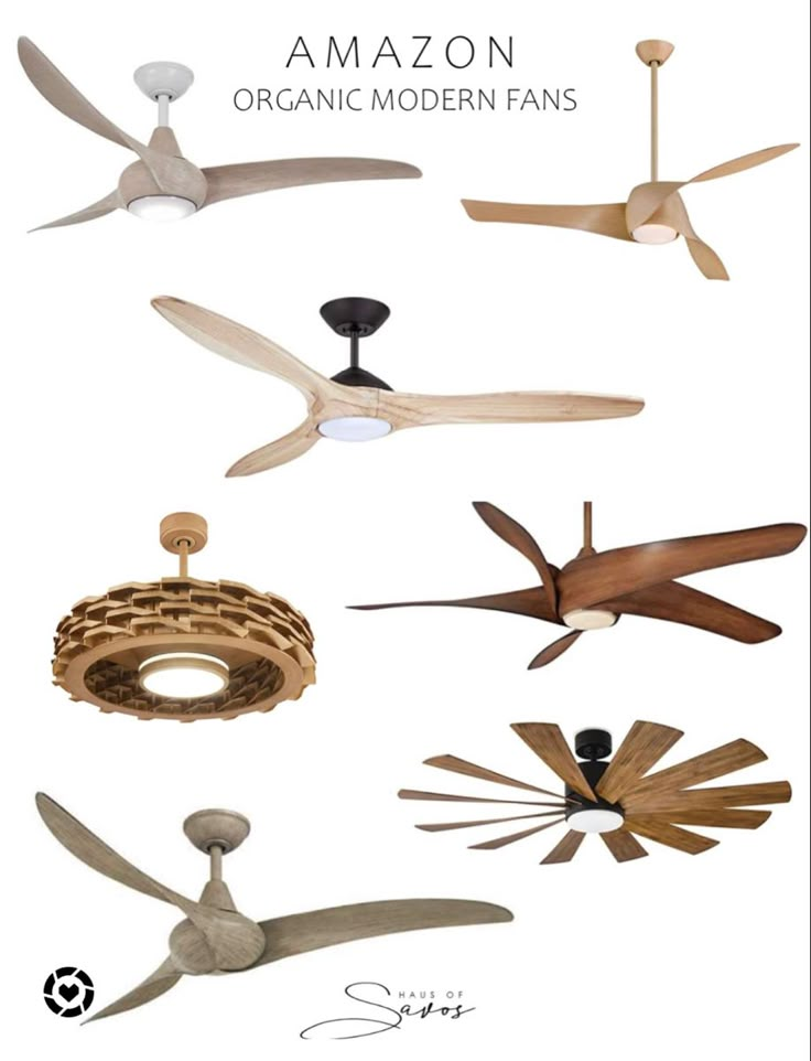 several different types of ceiling fans with the words amazon organic modern fans above them and below it