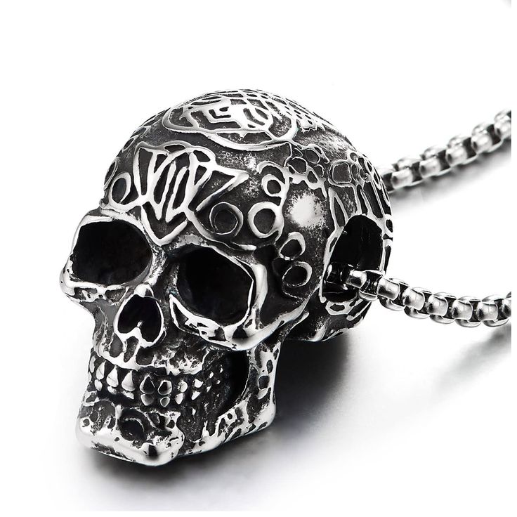 Mens Women Vintage Stainless Steel Fancy Sugar Skull Pendant Necklace with 23.6 inches Wheat Chain - COOLSTEELANDBEYOND Jewelry Punk Metal Necklace With Skull Print, Punk Style Metal Necklace With Skull Print, Silver Skull Chain Necklace, Silver Skull Shaped Chain Necklace, Punk Skull Necklace With Chain, Gothic Metal Skull Necklace, Skull Shaped Stainless Steel Necklace Gift, Skull-shaped Engraved Stainless Steel Necklace, Skull Shaped Engraved Stainless Steel Necklace