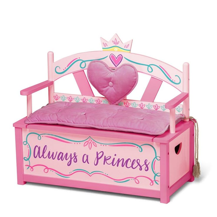 a pink toy bench with a heart shaped pillow on it's seat that says, always a princess