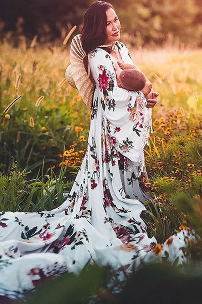 Floral V-neck Bat Sleeves Long Maternity Photoshoo Dress Bohemian White Maternity Dresses, Bohemian White Maternity Wedding Dress, Bohemian White Maternity Wear Dresses, White Floral Print Maternity Dress, Bohemian Flowy Maternity Dress For Wedding, Maternity White Floral Print Maxi Dress, White Floral Print Maternity Maxi Dress, White Flowy Maxi Dress For Maternity, White Floor-length Maternity Maxi Dress