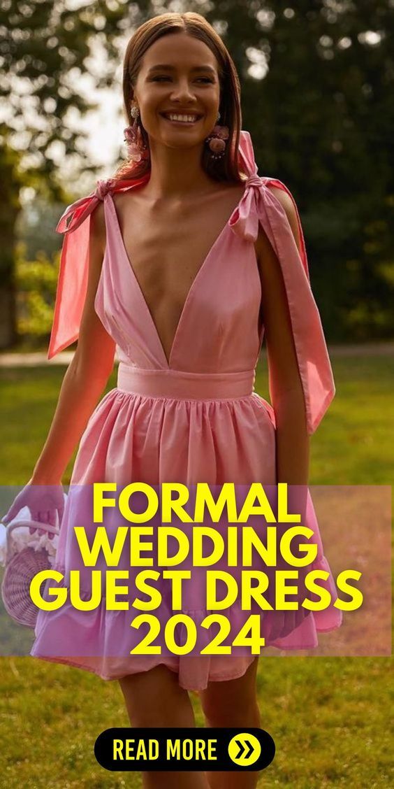 a woman in a pink dress with the text formal wedding guest dress 2020 read more